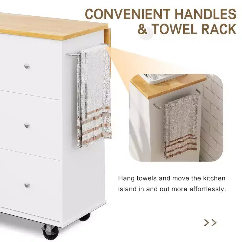 Carrello da Cucina su Ruote da 101 cm con 3 Cassetti, 2 Ante e Portasciugamani