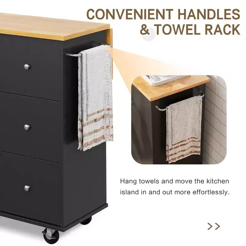 Carrello da Cucina su Ruote da 101 cm con 3 Cassetti, 2 Ante e Portasciugamani