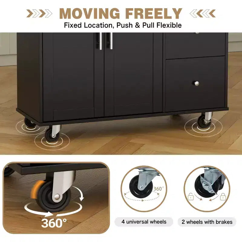 Carrello da Cucina su Ruote da 101 cm con 3 Cassetti, 2 Ante e Portasciugamani