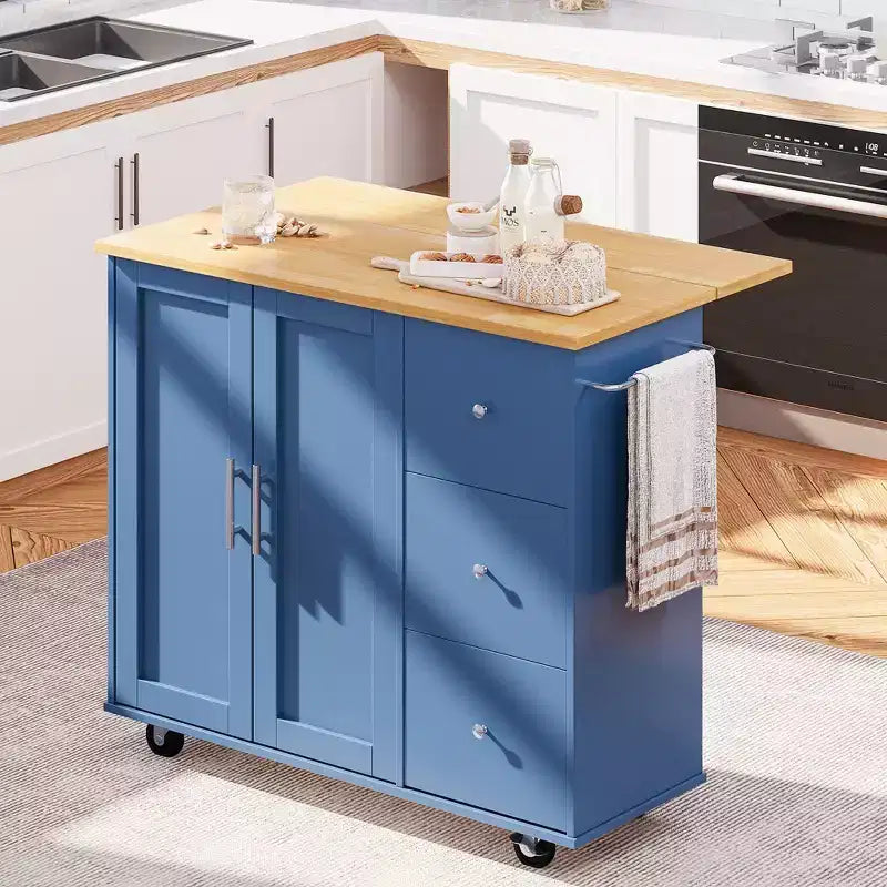Carrello da Cucina su Ruote da 101 cm con 3 Cassetti, 2 Ante e Portasciugamani