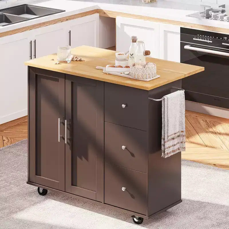 Carrello da Cucina su Ruote da 101 cm con 3 Cassetti, 2 Ante e Portasciugamani