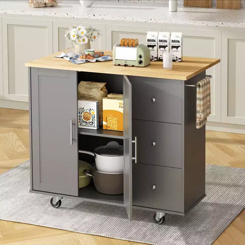 Carrello da Cucina su Ruote da 101 cm con 3 Cassetti, 2 Ante e Portasciugamani