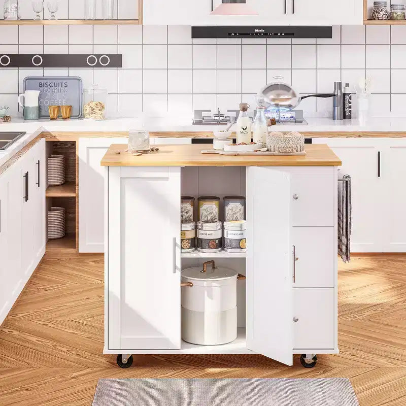 Carrello da Cucina su Ruote da 101 cm con 3 Cassetti, 2 Ante e Portasciugamani