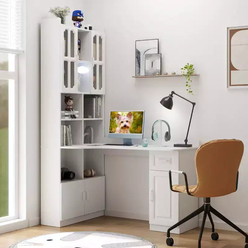 Scrivania moderna a forma di L 2-in-1 da 5" con ante in vetro, cassetti e libreria