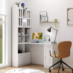 Scrivania moderna a forma di L 2-in-1 da 5" con ante in vetro, cassetti e libreria