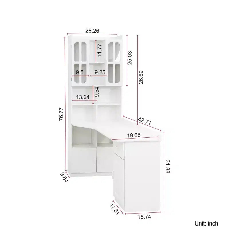 Scrivania moderna a forma di L 2-in-1 da 5" con ante in vetro, cassetti e libreria