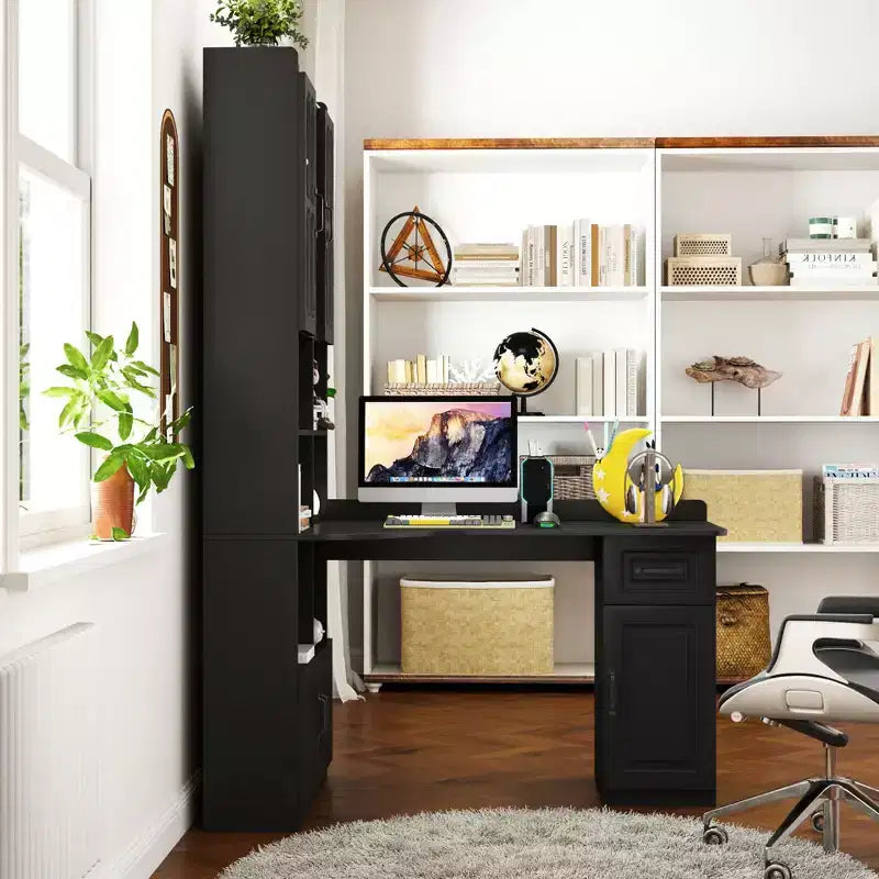 Scrivania moderna a forma di L 2-in-1 da 5" con ante in vetro, cassetti e libreria