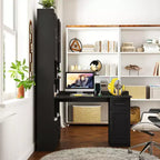 Scrivania moderna a forma di L 2-in-1 da 5" con ante in vetro, cassetti e libreria