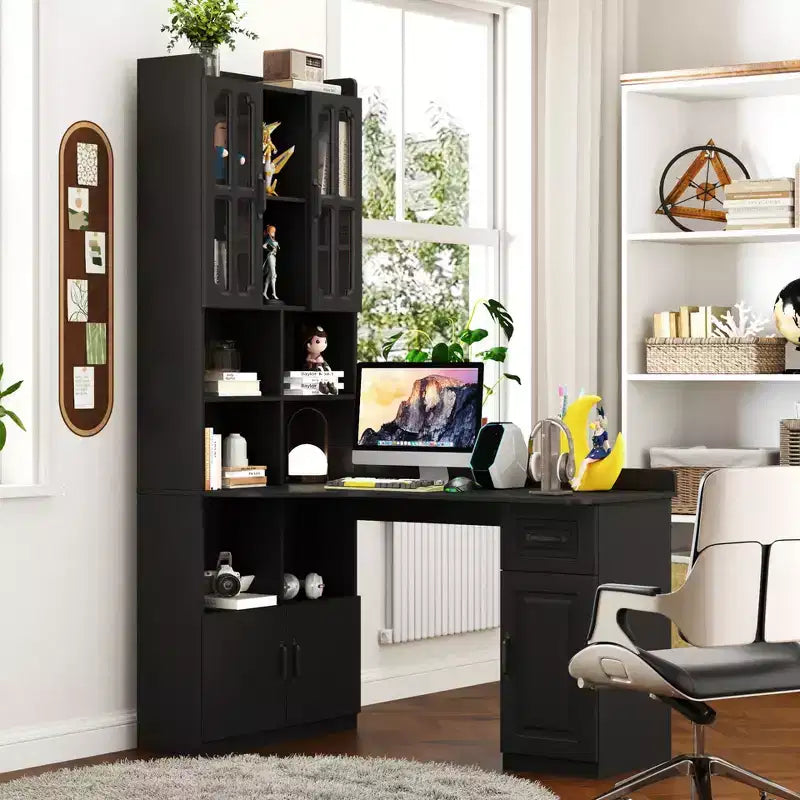 Scrivania moderna a forma di L 2-in-1 da 5" con ante in vetro, cassetti e libreria