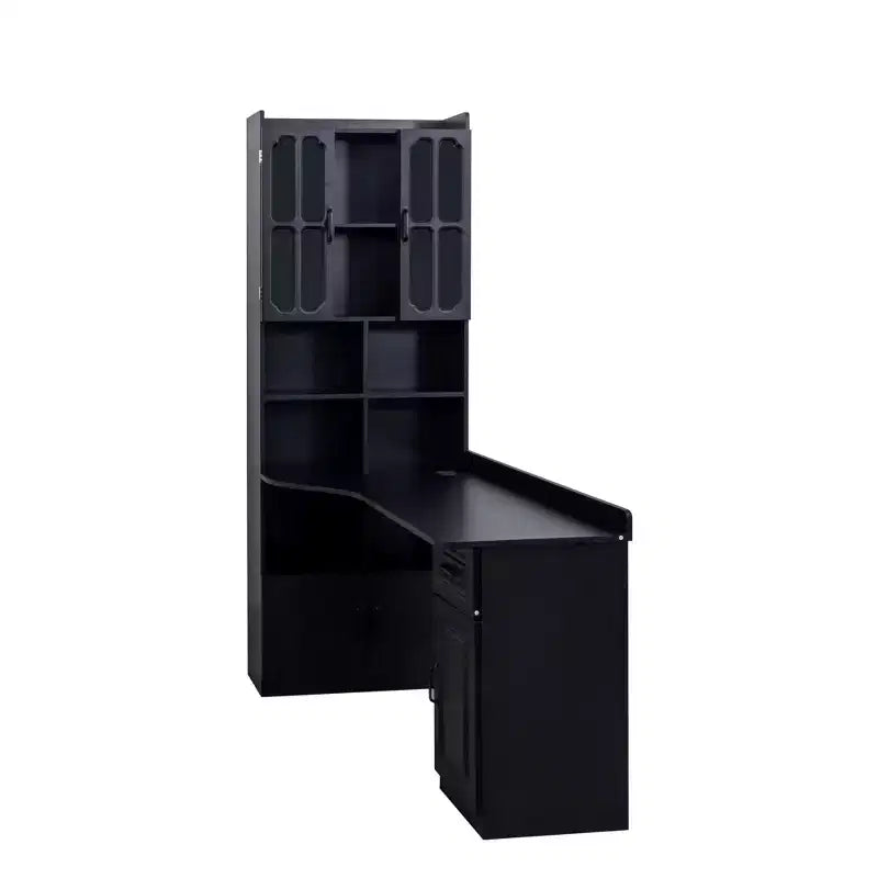 Scrivania moderna a forma di L 2-in-1 da 5" con ante in vetro, cassetti e libreria