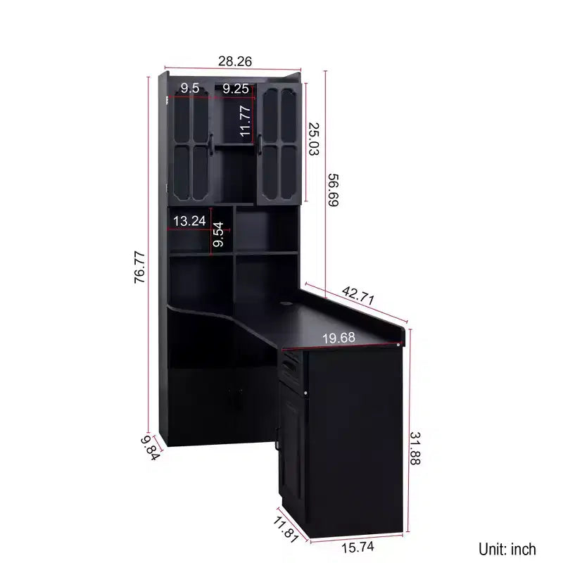 Scrivania moderna a forma di L 2-in-1 da 5" con ante in vetro, cassetti e libreria