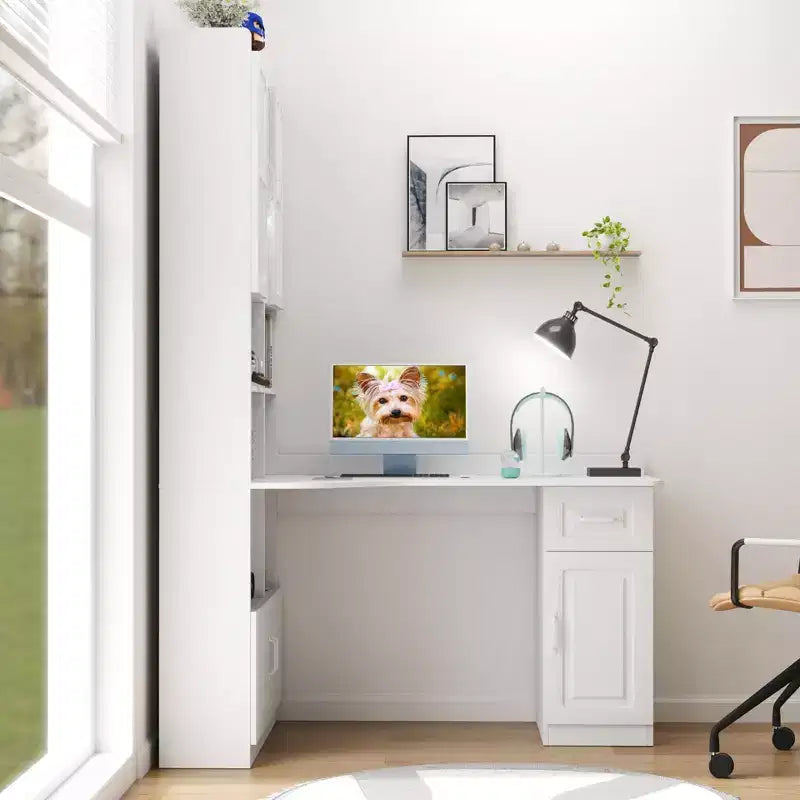 Scrivania moderna a forma di L 2-in-1 da 5" con ante in vetro, cassetti e libreria
