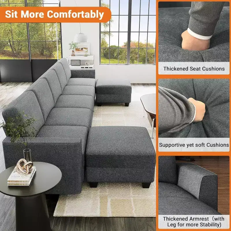 Divano componibile a U grande da 140 pollici con pouf chaise longue, divano modulare convertibile con pouf a 7 posti per soggiorno, ufficio - Grigio