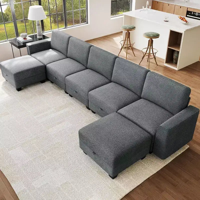 Divano componibile a U grande da 140 pollici con pouf chaise longue, divano modulare convertibile con pouf a 7 posti per soggiorno, ufficio - Grigio