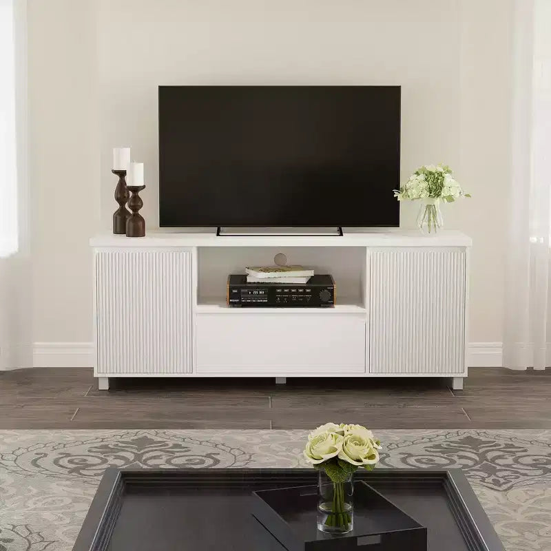 Mobile TV scanalato da 63'' per TV fino a 70'', moderno centro di intrattenimento con cassetto, 2 armadietti e mensola aperta, tavolo console multimediale per TV
