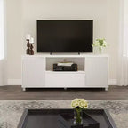 Mobile TV scanalato da 63'' per TV fino a 70'', moderno centro di intrattenimento con cassetto, 2 armadietti e mensola aperta, tavolo console multimediale per TV