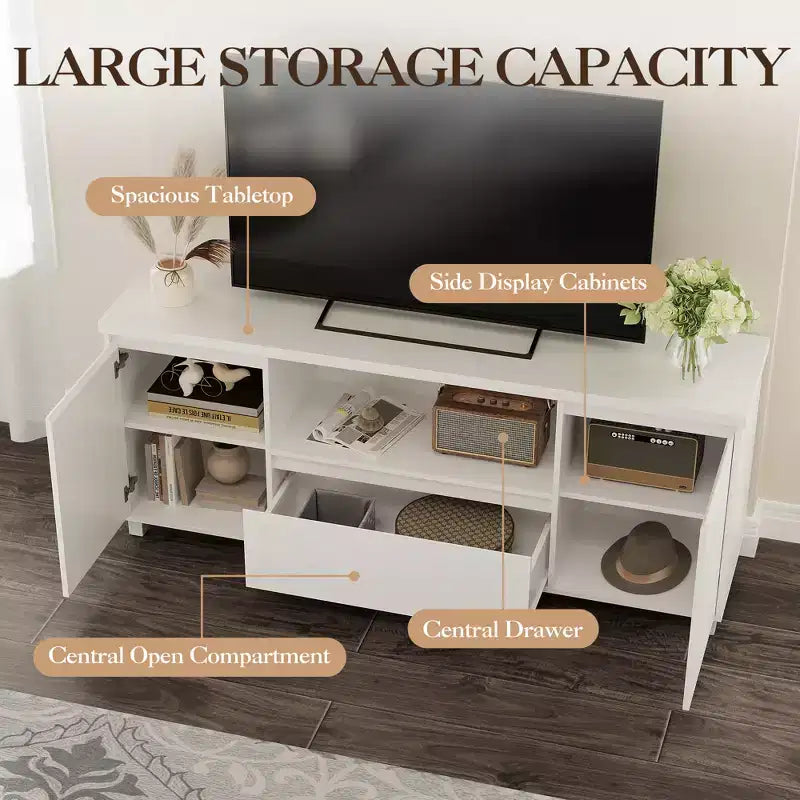 Mobile TV scanalato da 63'' per TV fino a 70'', moderno centro di intrattenimento con cassetto, 2 armadietti e mensola aperta, tavolo console multimediale per TV