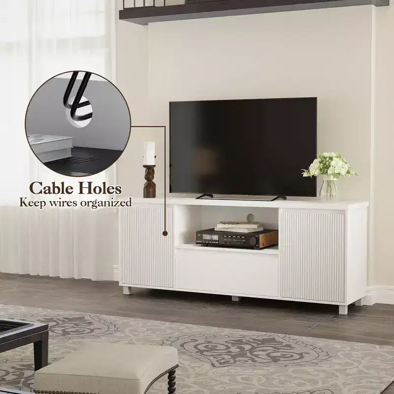 Mobile TV scanalato da 63'' per TV fino a 70'', moderno centro di intrattenimento con cassetto, 2 armadietti e mensola aperta, tavolo console multimediale per TV