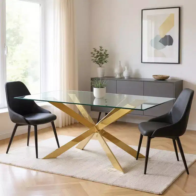Tavolo da pranzo con base a gambe incrociate in metallo dorato e vetro trasparente da 72"