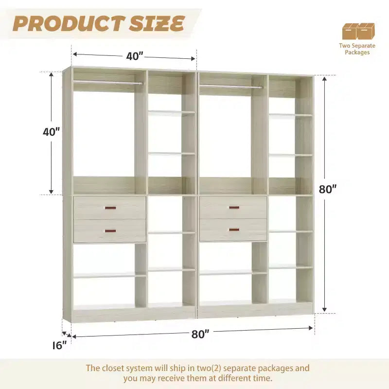 Sistema organizer per armadi indipendente da 40" con ripiani a torre e cassetti in legno