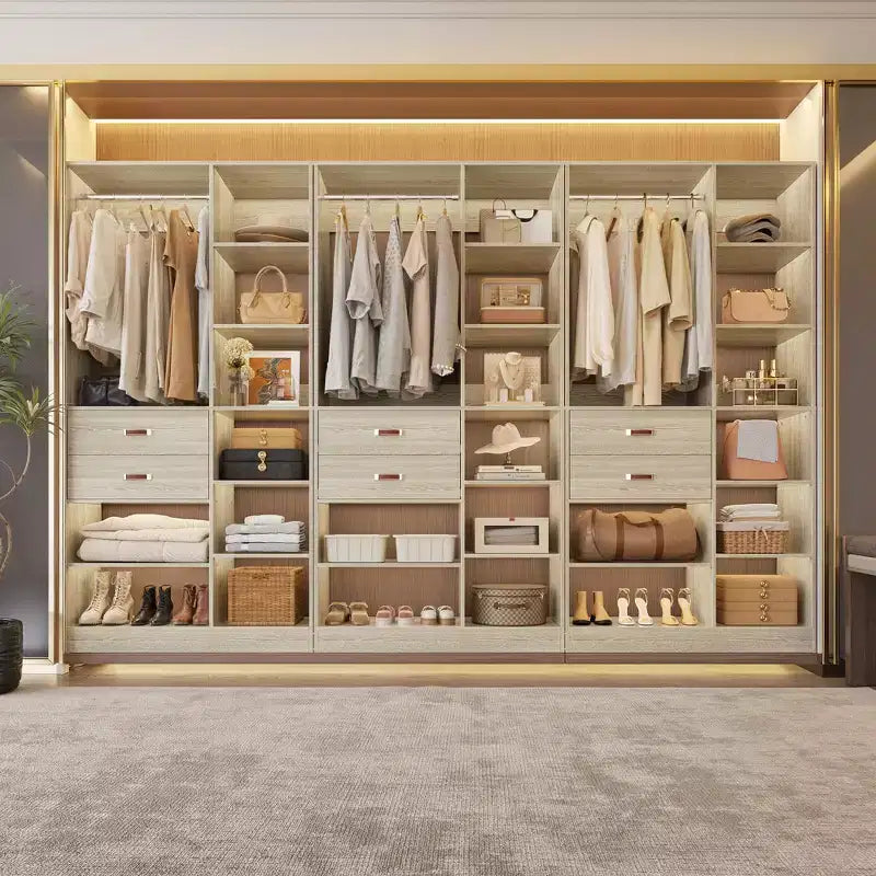 Sistema organizer per armadi indipendente da 40" con ripiani a torre e cassetti in legno