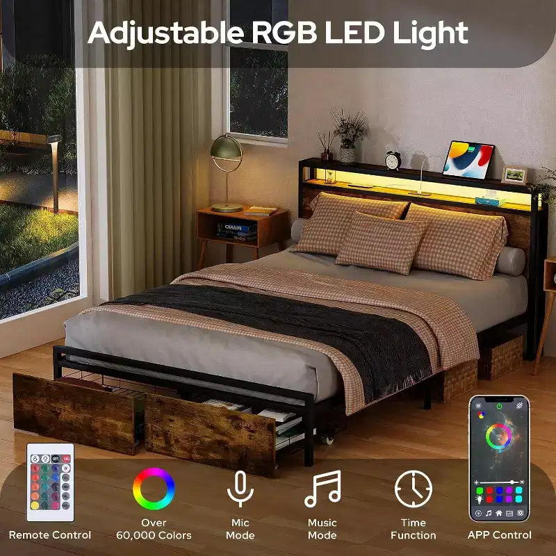 Struttura Letto Matrimoniale a LED con Cassetti Contenitore – Marrone Rustico, Silenziosa