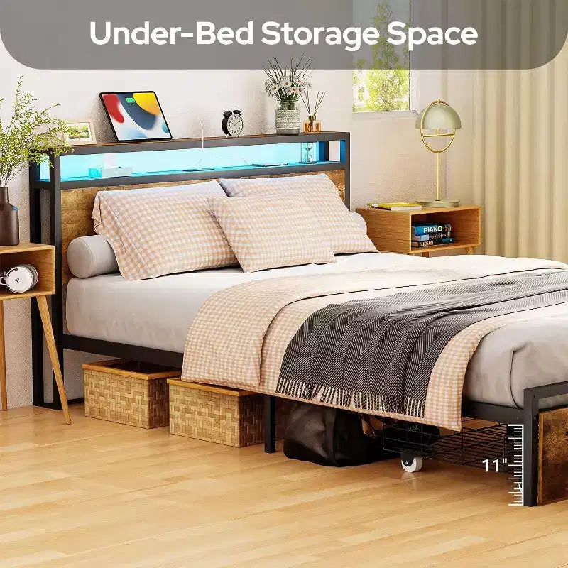 Struttura Letto Matrimoniale a LED con Cassetti Contenitore – Marrone Rustico, Silenziosa