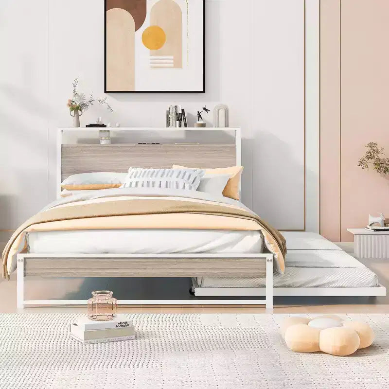 Struttura letto a piattaforma in metallo con letto estraibile, letto a piattaforma con testiera imbottita e porte USB