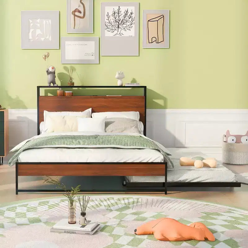 Struttura letto a piattaforma in metallo con letto estraibile, letto a piattaforma con testiera imbottita e porte USB