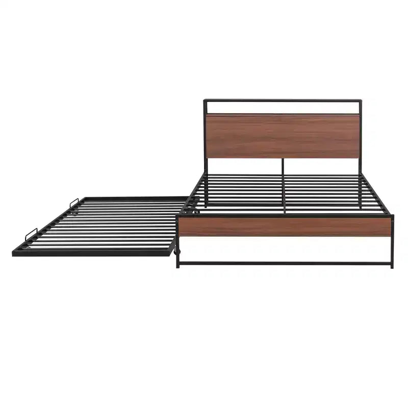 Struttura letto a piattaforma in metallo con letto estraibile, letto a piattaforma con testiera imbottita e porte USB