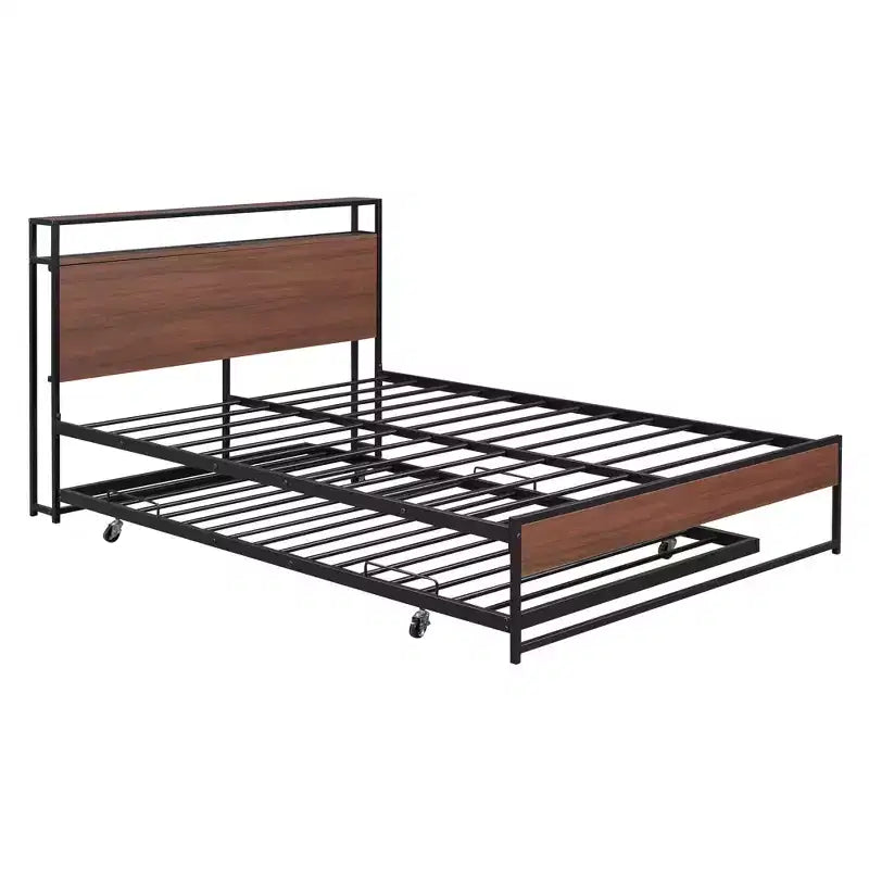 Struttura letto a piattaforma in metallo con letto estraibile, letto a piattaforma con testiera imbottita e porte USB
