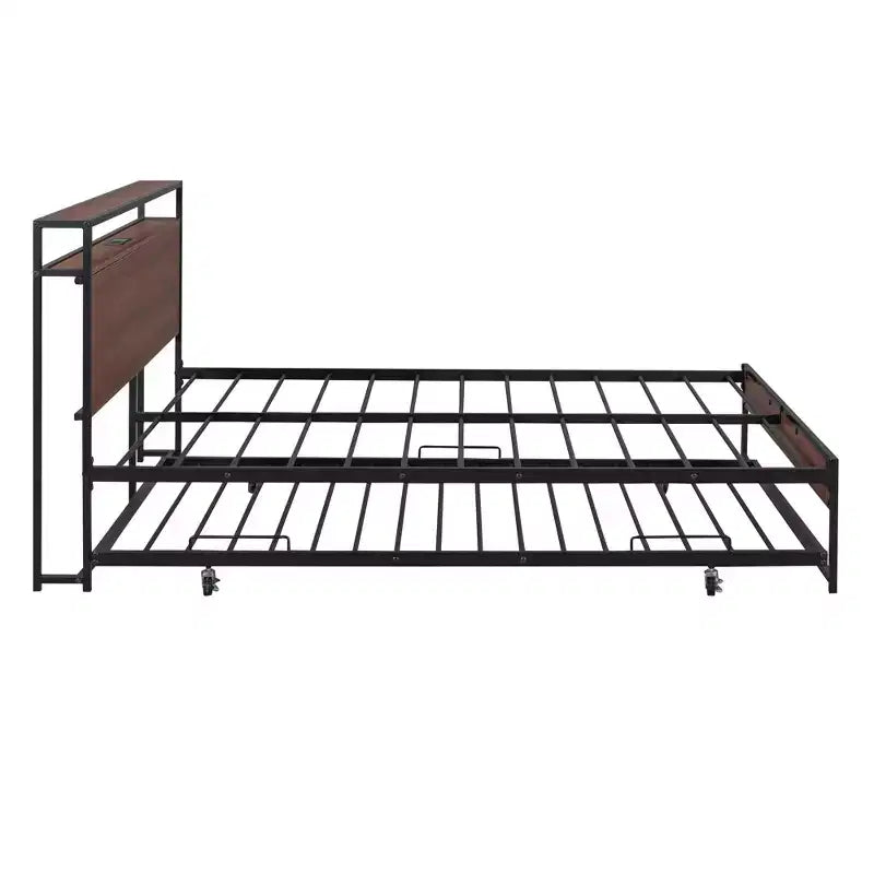 Struttura letto a piattaforma in metallo con letto estraibile, letto a piattaforma con testiera imbottita e porte USB