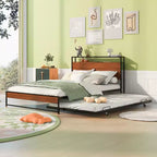 Metal Platform Bed Frame with Trundle, Platform Bed with Upholstered Headboard and USB Ports