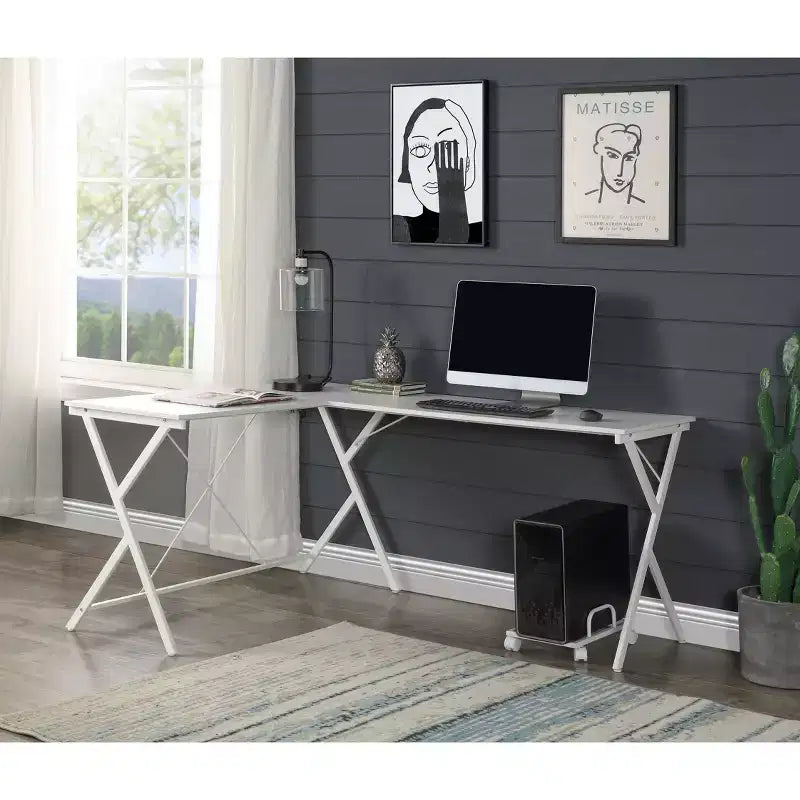Okak 62IN Minimalism L-Shaped Desk with Cross Legs, Computer Desk with Ample Tabletop, Office Desk for Bedroom, Living Room, Office