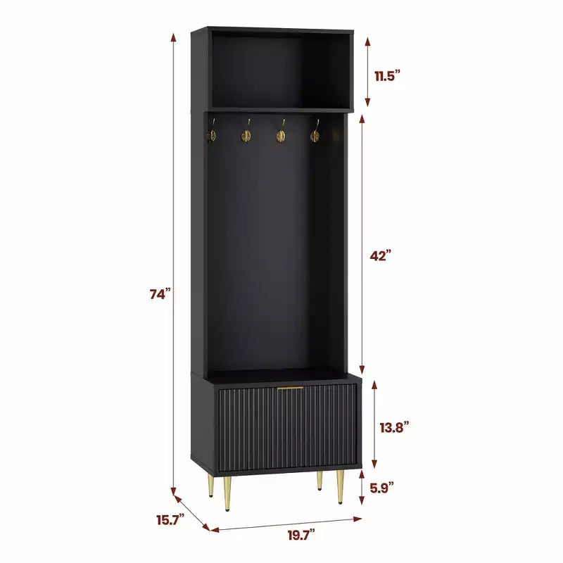 Mobile appendiabiti stretto da 188 cm con scarpiera, portaoggetti e 4 ganci dorati