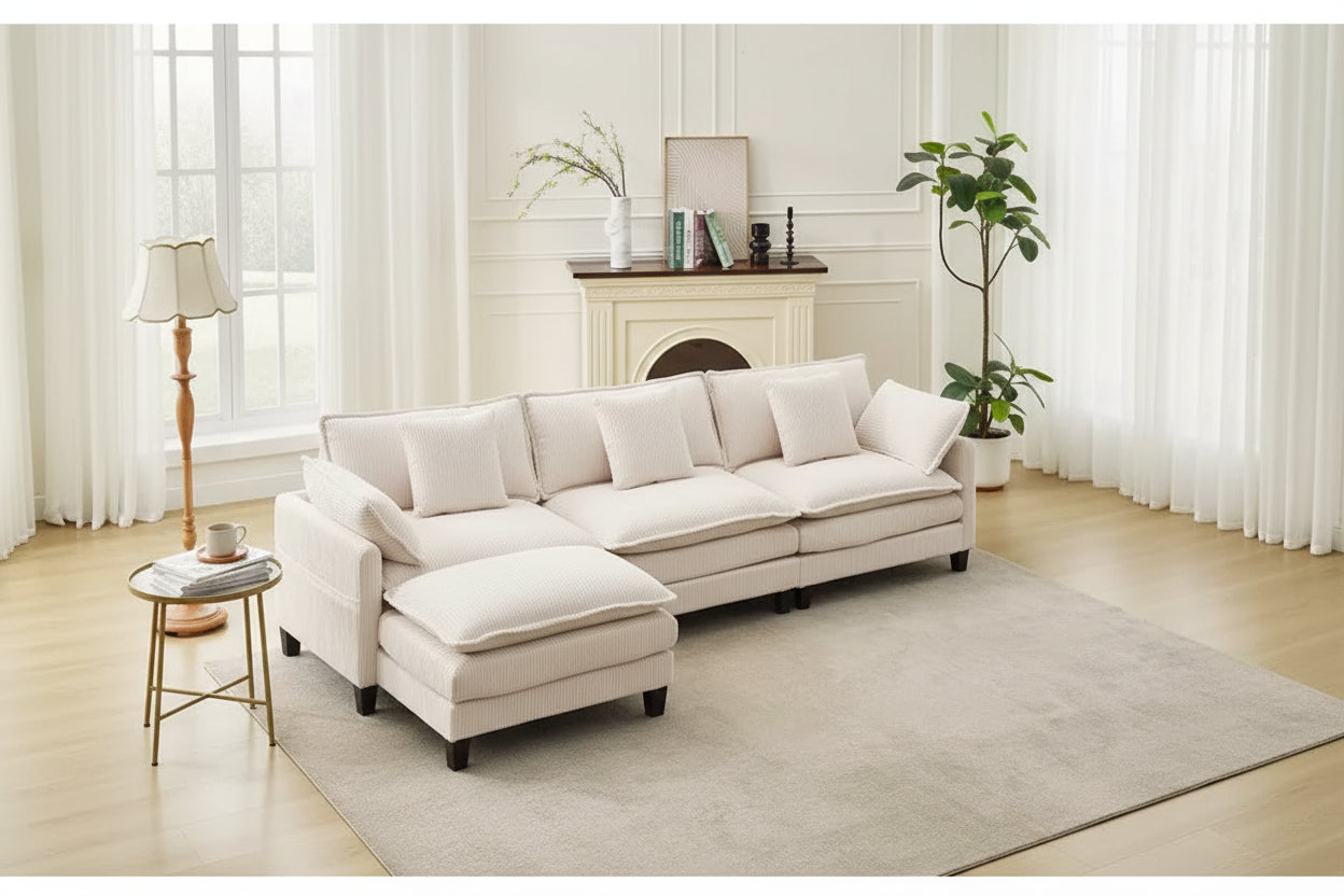 3-Seater Sectional Sofa with Footstool, Deep Corduroy Sofa, Double Cushions, Plush Back and Armrest Pillows, Comfortable Cloud Sofa for Living Room