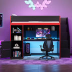 Letto a soppalco da gioco Twin/Full con scrivania, contenitore e luci a LED – Struttura in legno nero