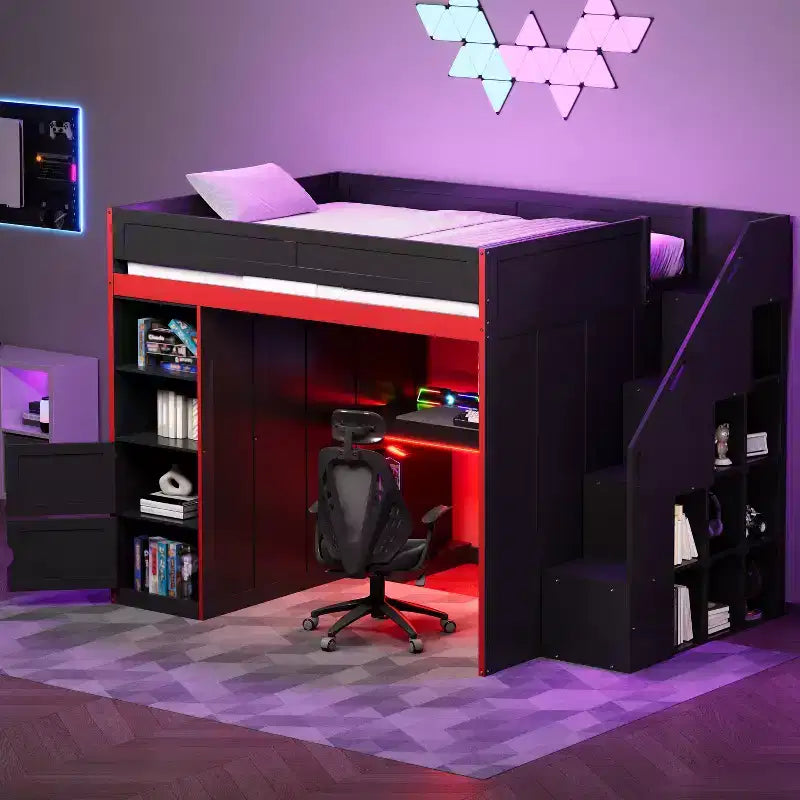 Letto a soppalco da gioco Twin/Full con scrivania, contenitore e luci a LED – Struttura in legno nero