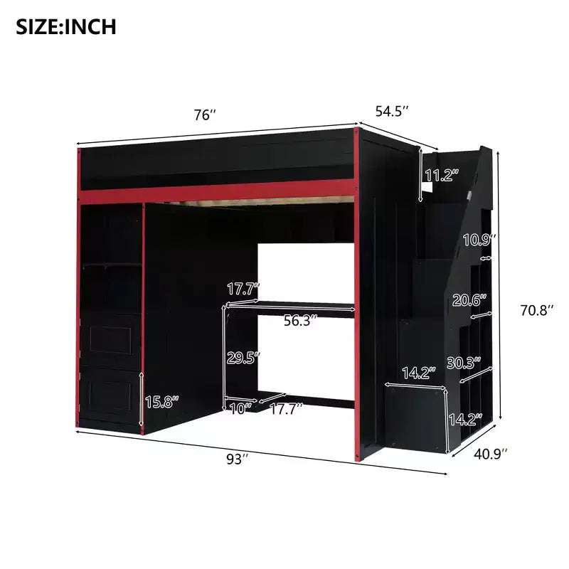 Letto a soppalco da gioco Twin/Full con scrivania, contenitore e luci a LED – Struttura in legno nero