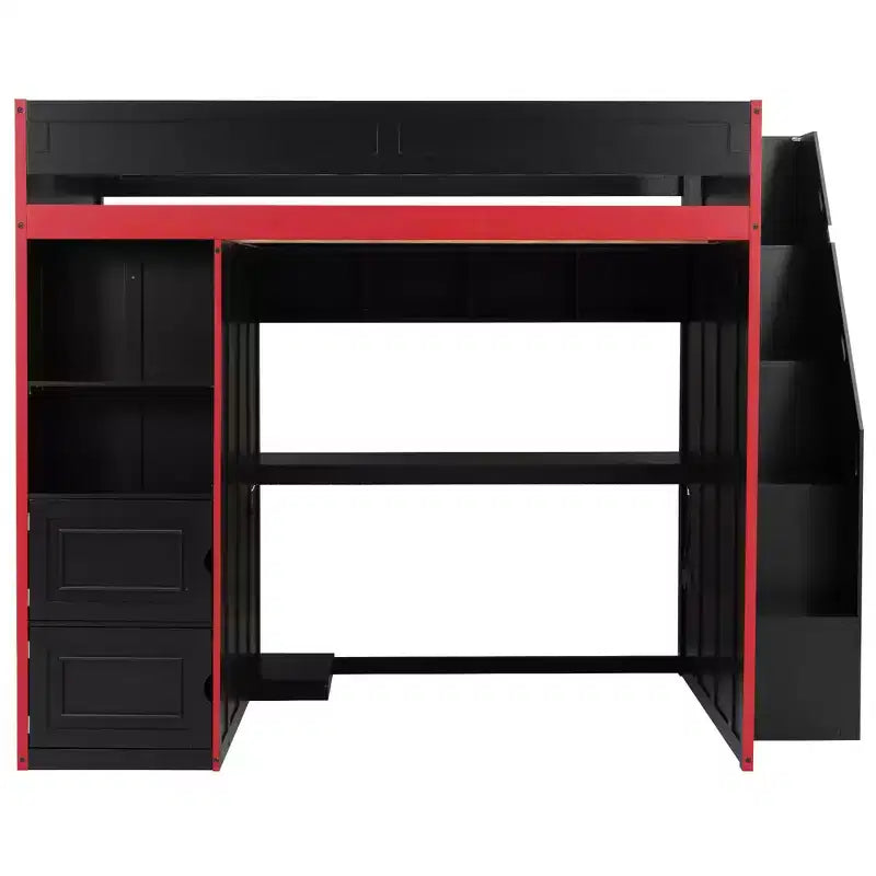 Letto a soppalco da gioco Twin/Full con scrivania, contenitore e luci a LED – Struttura in legno nero