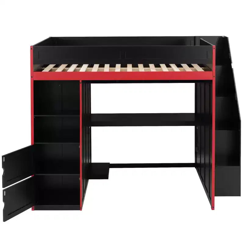 Letto a soppalco da gioco Twin/Full con scrivania, contenitore e luci a LED – Struttura in legno nero