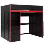 Letto a soppalco da gioco Twin/Full con scrivania, contenitore e luci a LED – Struttura in legno nero