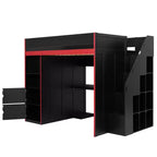 Letto a soppalco da gioco Twin/Full con scrivania, contenitore e luci a LED – Struttura in legno nero