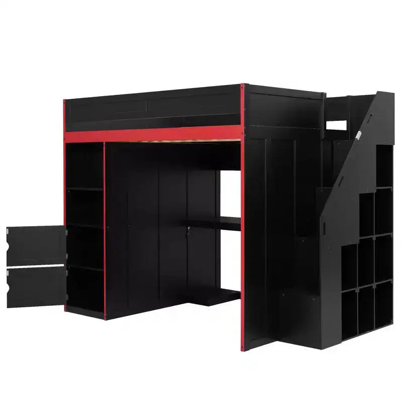 Letto a soppalco da gioco Twin/Full con scrivania, contenitore e luci a LED – Struttura in legno nero