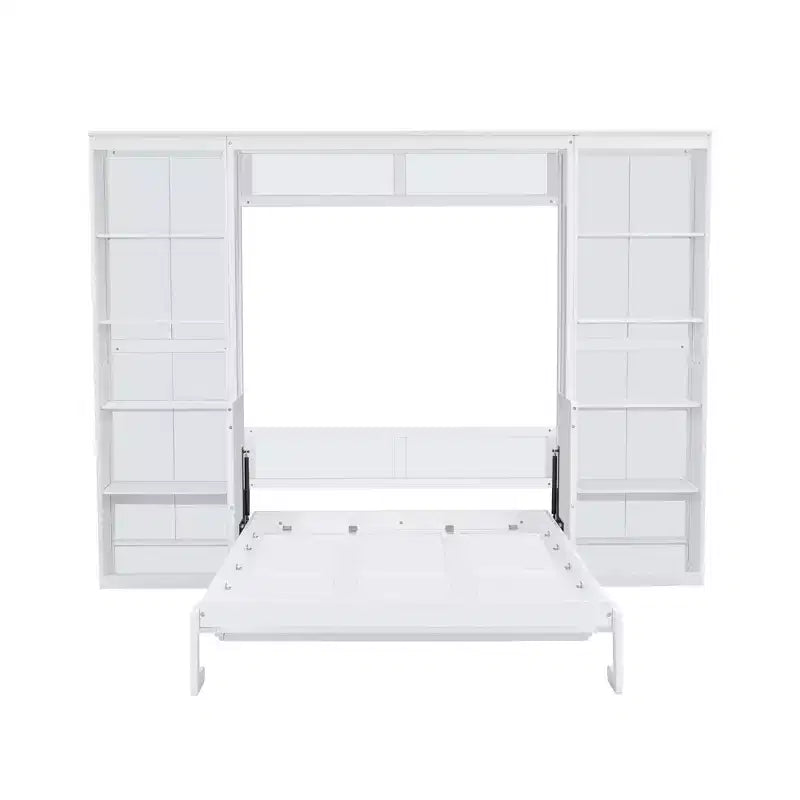 Letto a scomparsa Murphy con scrivania, Letto a mobile in legno con libreria, Letto a cassapanca pieghevole da parete per camera da letto e camera degli ospiti, Bianco