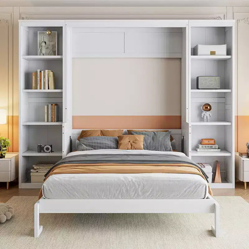 Letto a scomparsa Murphy con scrivania, Letto a mobile in legno con libreria, Letto a cassapanca pieghevole da parete per camera da letto e camera degli ospiti, Bianco