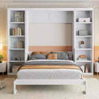 Letto a scomparsa Murphy con scrivania, Letto a mobile in legno con libreria, Letto a cassapanca pieghevole da parete per camera da letto e camera degli ospiti, Bianco
