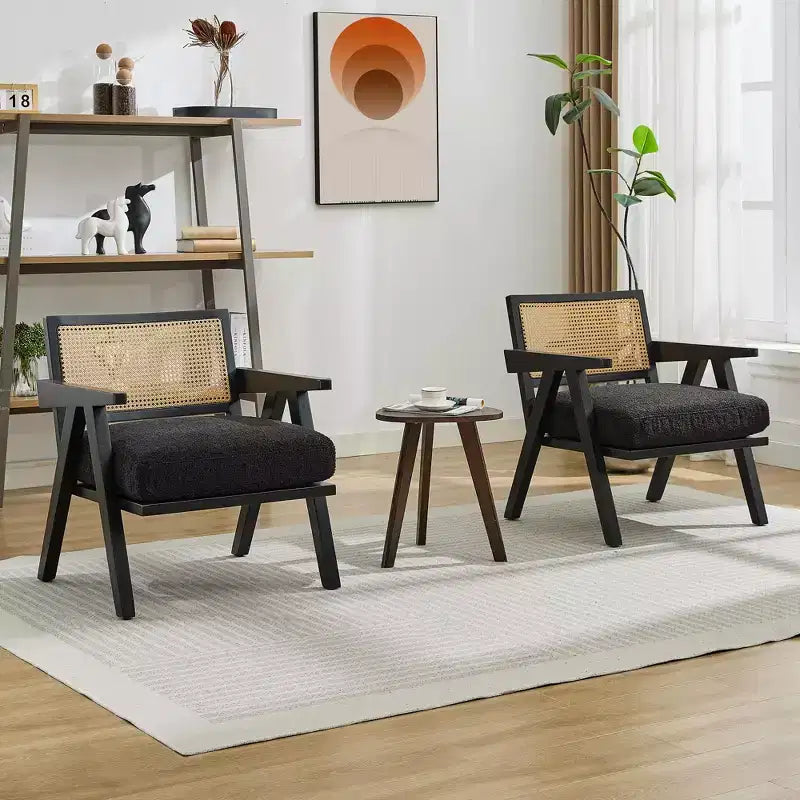 Poltrona d'accento Mid-Century beige/nera/grigia, schienale in rattan, posto singolo