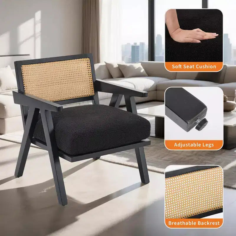 Poltrona d'accento Mid-Century beige/nera/grigia, schienale in rattan, posto singolo