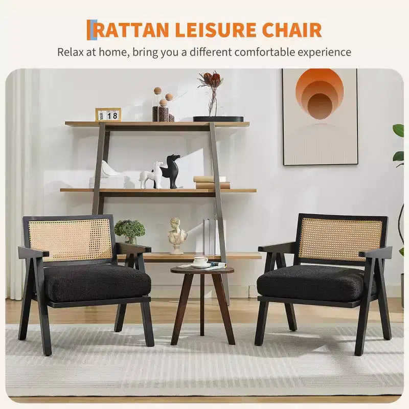 Poltrona d'accento Mid-Century beige/nera/grigia, schienale in rattan, posto singolo